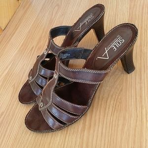Sole A by Aerosoles Leather Open Toe Heel Sandal 8.5M Brown